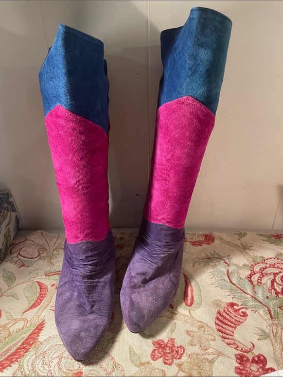 Shoes - Vintage 80s Queen’s Multicolor Colorblock Patchwork Suede Slouch Boots Boho Sz8